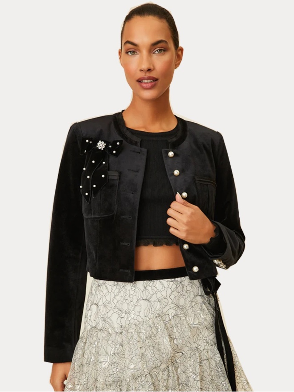 Loveshackfancy  Black Velvet Clarkson Cropped Jacket with Pearl Buttons size 2